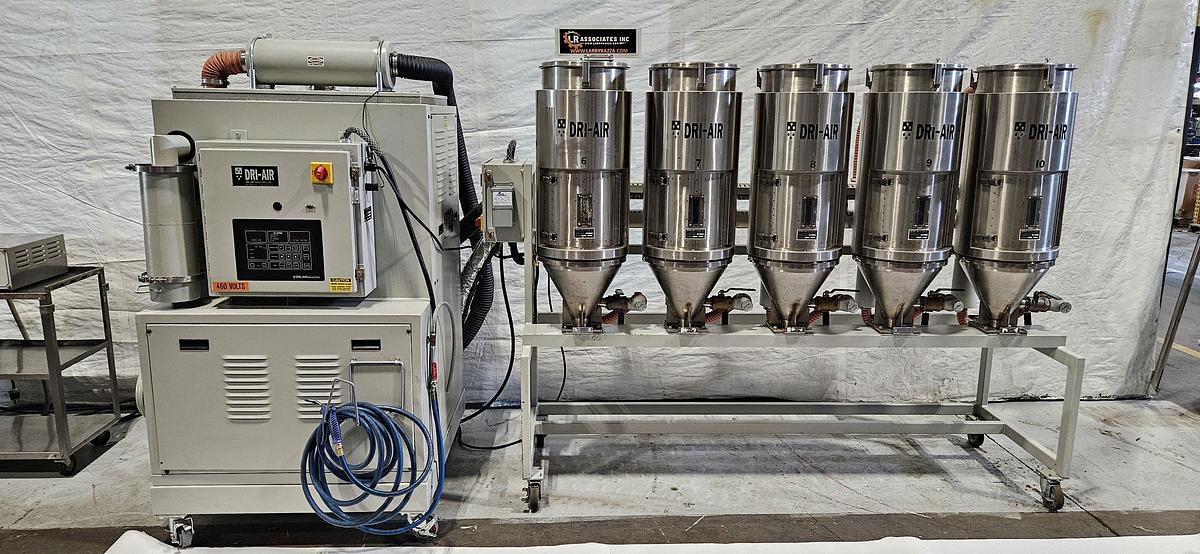 Used DRI-AIR HP4-X300 CENTRAL DESICCANT RESIN DRYING SYSTEM – (5) RH60 STAINLESS STEEL HOPPERS – HIGH TEMPERATURE CONFIGURATION- FOR INJECTION MOLDING – 480V / 3 PHASE