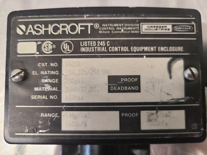 Used ASHCROFT B424B-200# B-SERIES PRESSURE SWITCH 0-200 PSI $155