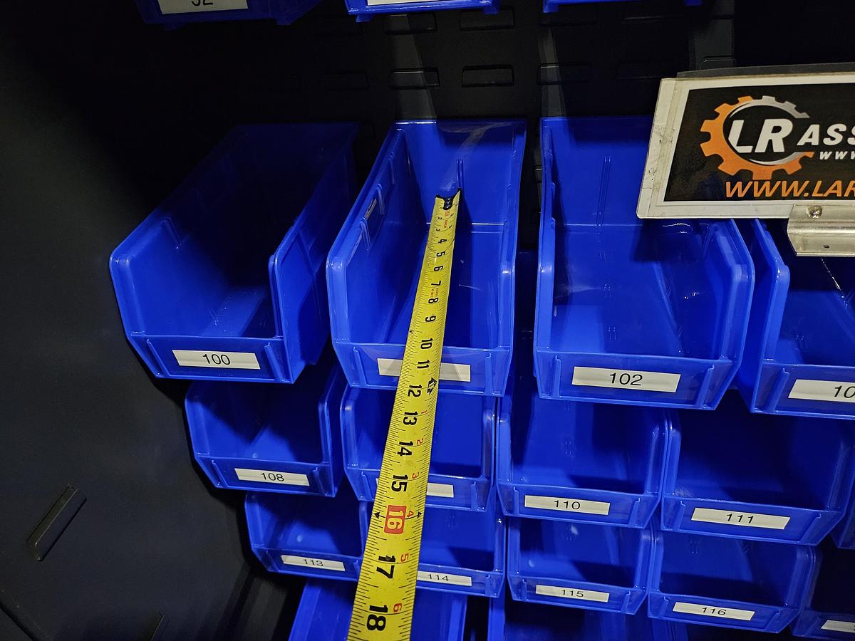Used ULINE Heavy-Duty Steel Bin Storage Cabinet – holds 168 Blue Bins – 48" W × 24" D × 78" H with Plastic Bins... Pristine!!