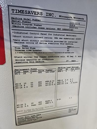 Used Timesavers Model 1111-11-0 Dry or Wet Conveyor 9" Belt Sander Mini Belt Semi Automatic