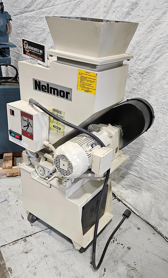 Used NELMOR G810LS LOW-SPEED PLASTIC GRANULATOR – 8" X 10" – 3 HP – GEARED LOW-SPEED DRIVE – 230V 3 PHASE – SHARP KNIVES – BIN DISCHARGE – HEAVY-DUTY