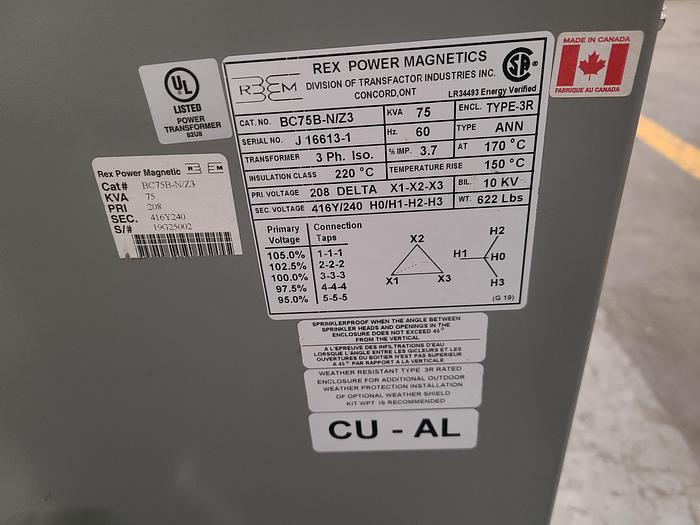 Used Green Line Rex Power Magnetics 3 Phase Transformer Primary 208 Secondary 416Y/240  75KVA TESTED! 