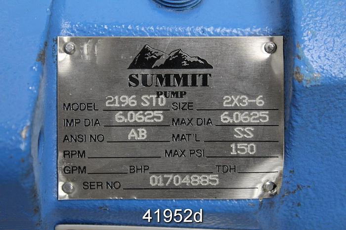 Unused Summit 2196 Sto 2x3x6 Pump, SS Casing, 6-Vane SS Impeller #41952