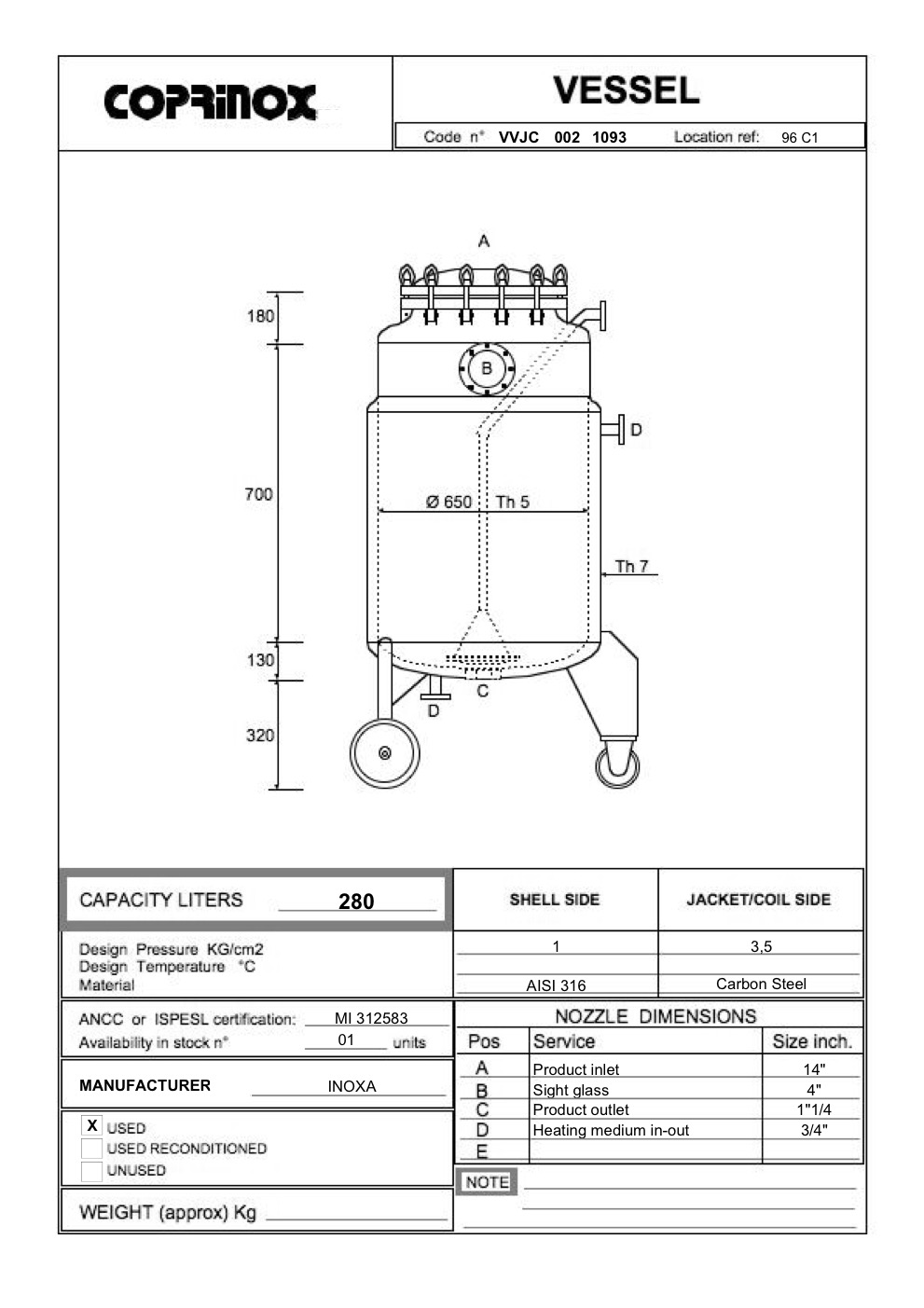 Usato Serbatoio INOXA da 280 Litri
