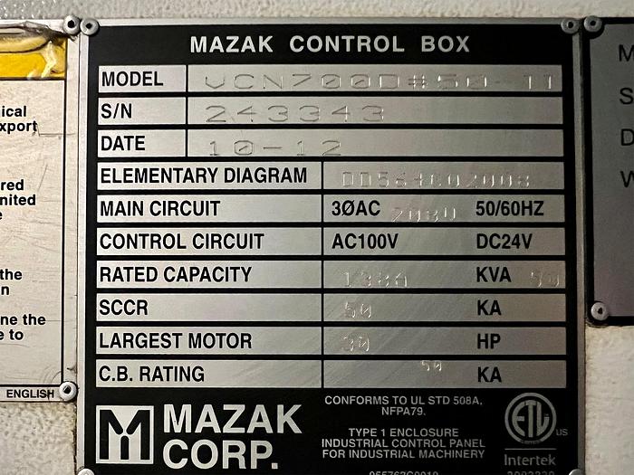 Used 2012 Mazak VCN700D-II CNC Vertical Machining Center