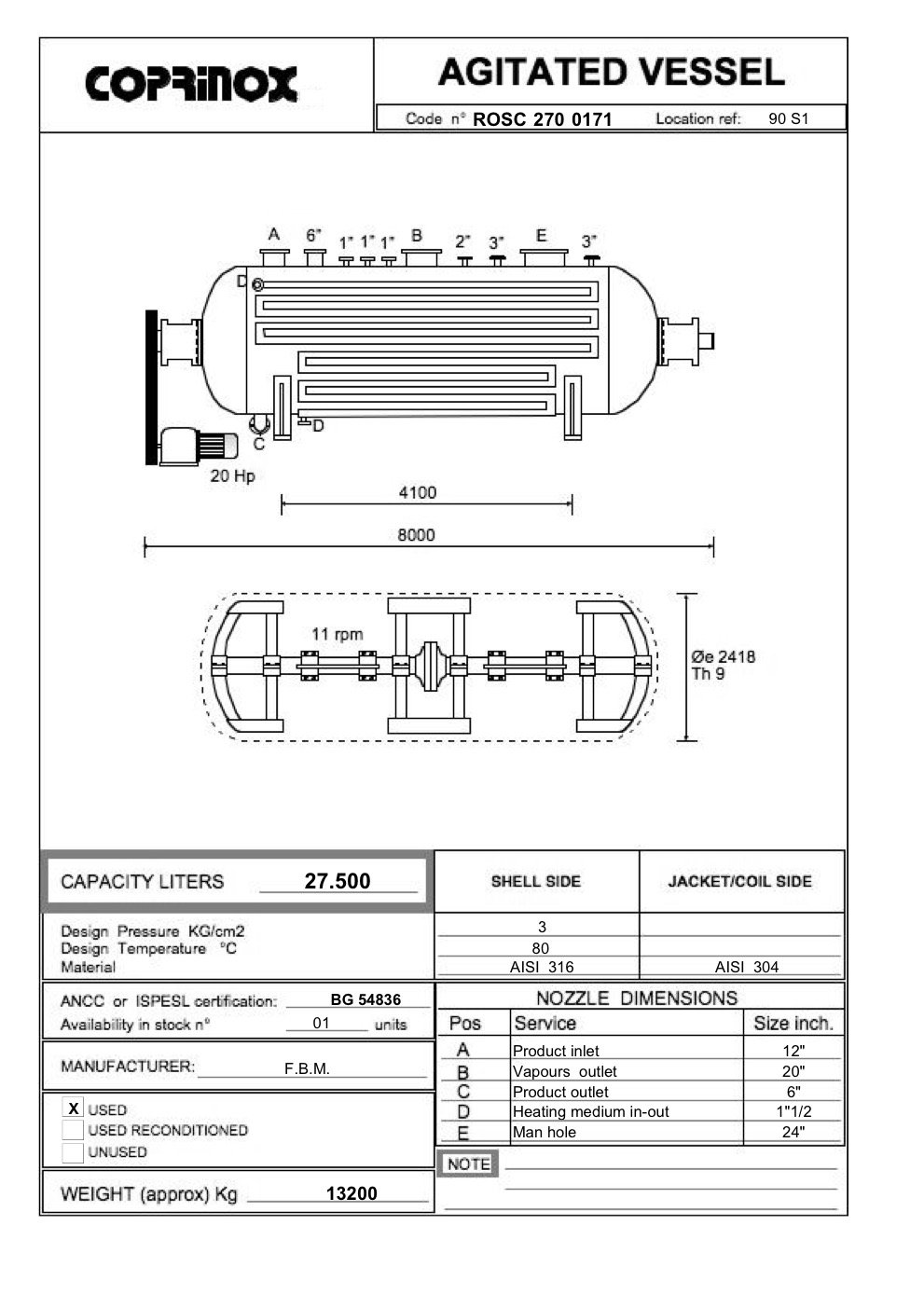 Usato Reattore F.B.M. da 27500 Litri