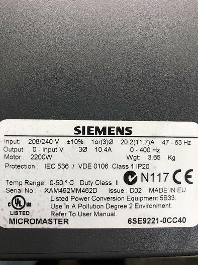 Siemens Micromaster 6SE9221-0CC40