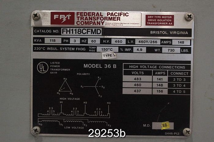 Used Federal Pacific 36B Transformer, 118Kva #29253