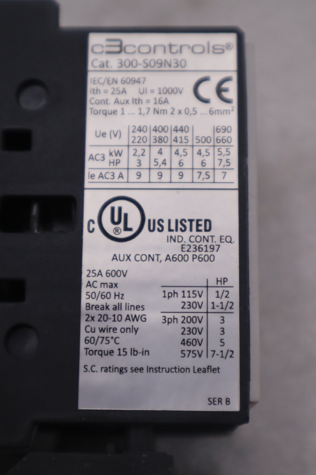 C3Controls 620-S09D10-2U10 DOL Starter 3-Pole, 18A - STOCK 1533A