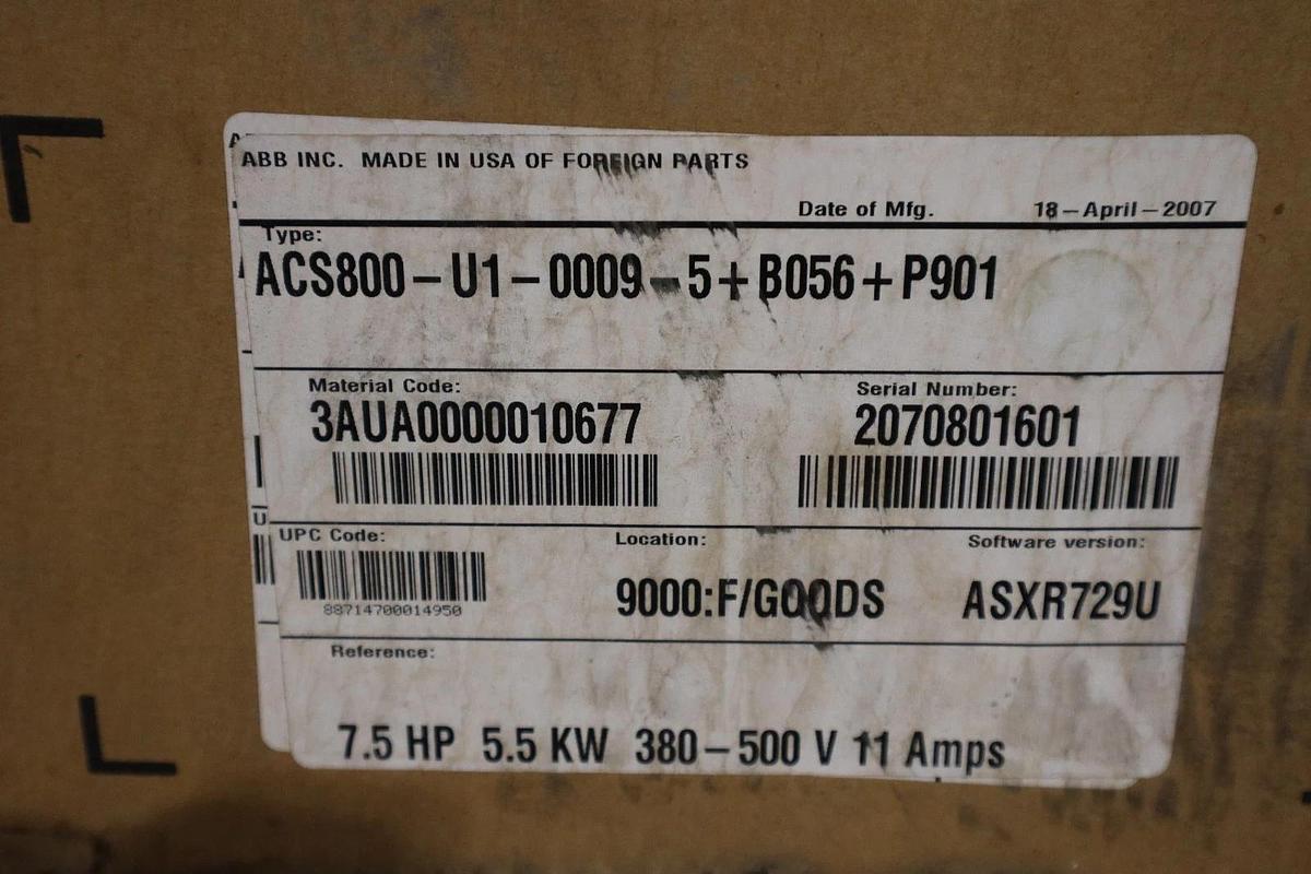 Used ABB ACS800-U1-0009-5+B056+P901 AC Drive 7.5 HP 5.5 kW - NEW IN BOX - STK 1529CC