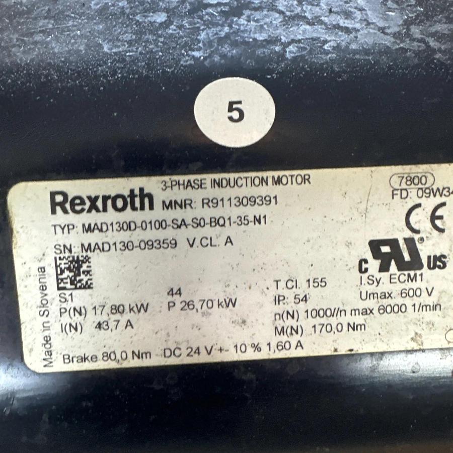 Used Rexroth R911309391 Servo Induction Motor MAD130D-0100-SA-S0-BQ1-35-N1 #HP129