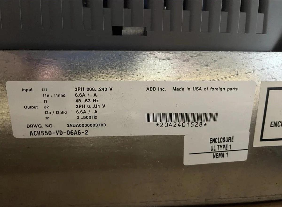 Used New ABB ACH550-VD-06A6-2 VFD with bypass 1.5 HP S-233