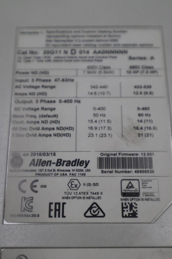 Used Allen Bradley 20G11ND014AA0NNNNN Powerflex 755 Drive 10HP - STOCK 3822CC