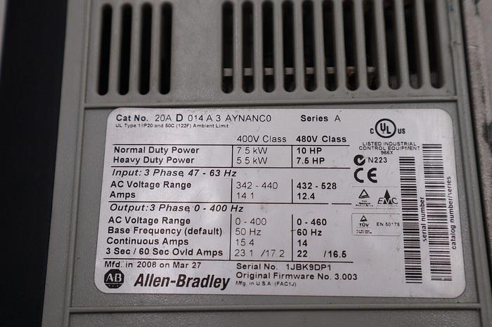 Used Allen-Bradley 20AD014A3AYNANC0 Ser A FRN 3.002 PowerFlex 70 AC Drive STOCK 2300