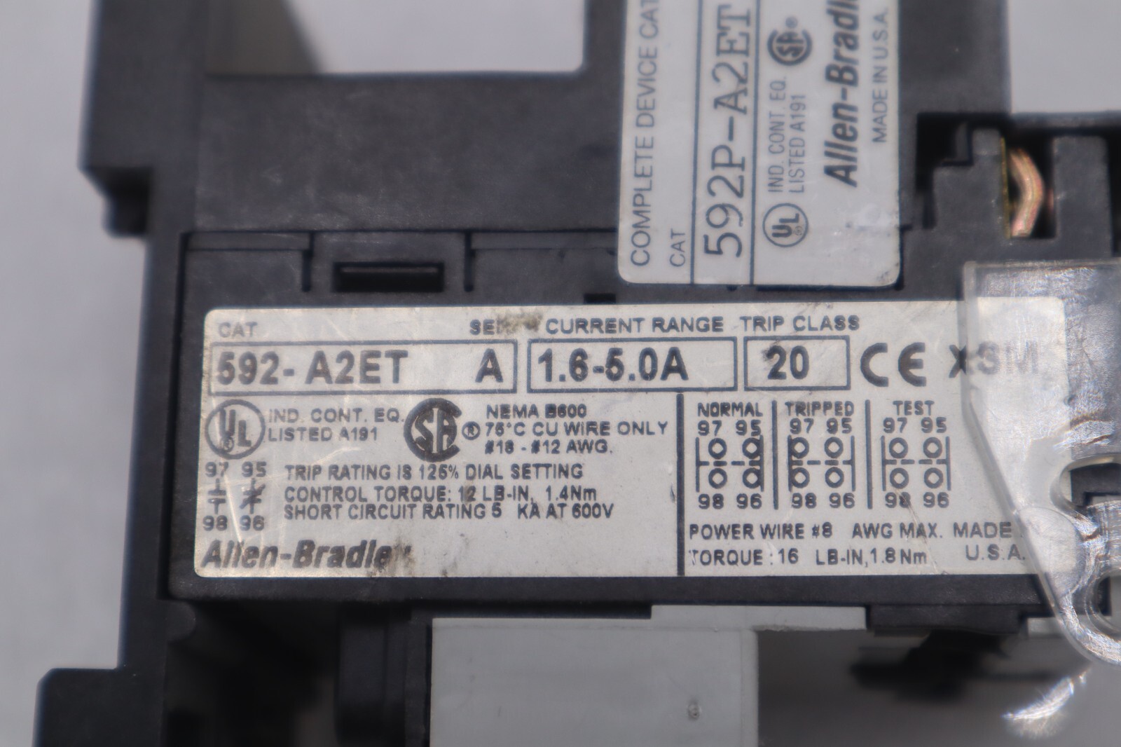 Used NEW OPEN BOX Allen Bradley 592-A2ET Overload Relay STOCK K-3244