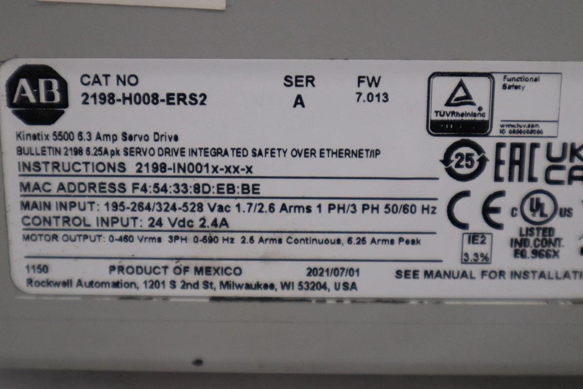 Used AB ALLEN-BRADLEY 2198-H008-ERS2 KINETIX 5500S2 SERVO DRIVE STK GF119