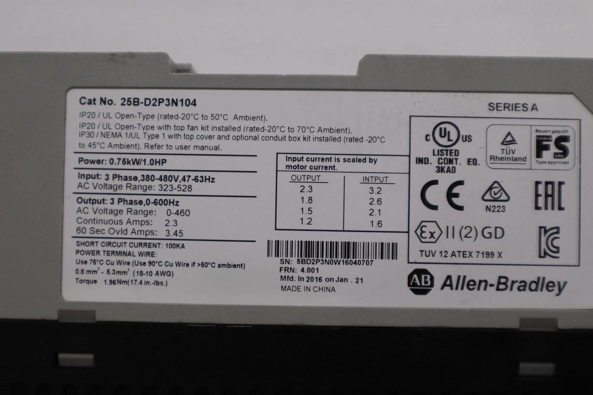 Used USED ALLEN BRADLEY 25B-D2P3N104 POWERFLEX 525 SER. A 1.0HP 25BD2P3N104 #H1818