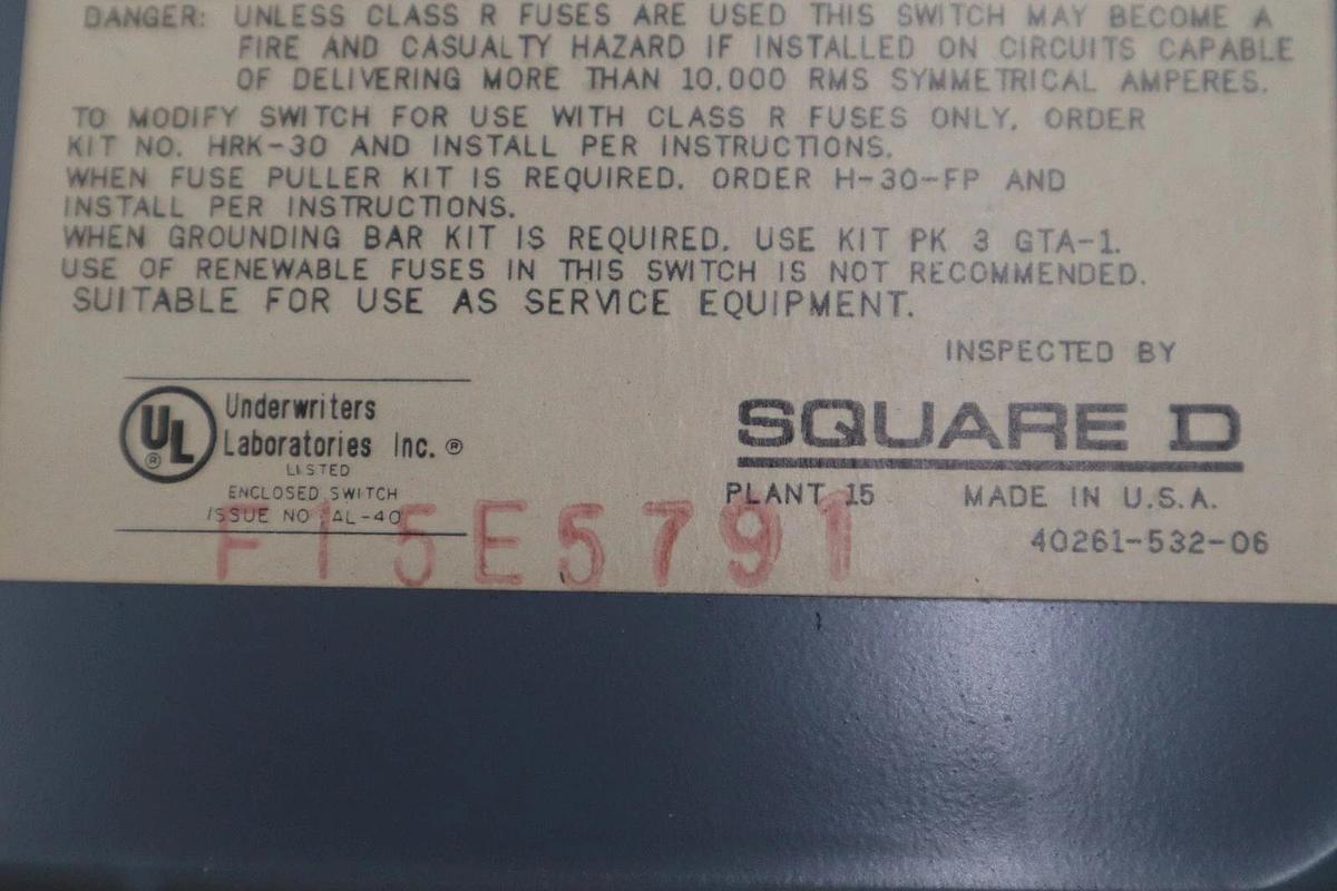 Used Square D H321N Heavy Duty Safety Switch 30A 3 Pole Fusible UNIT STOCK 4911-A