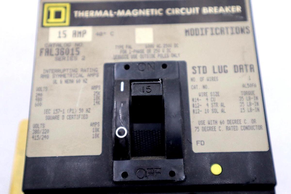 Used THERMAL MAGNETIC CIRCUIT BREAKER FAL36015 SERIES 2 15AMP SQUARE D #L-502