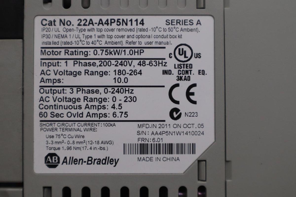 Used ALLEN-BRADLEY 22A-A4P5N114 Ser A PowerFlex4 AC Drive STOCK GF-2070A