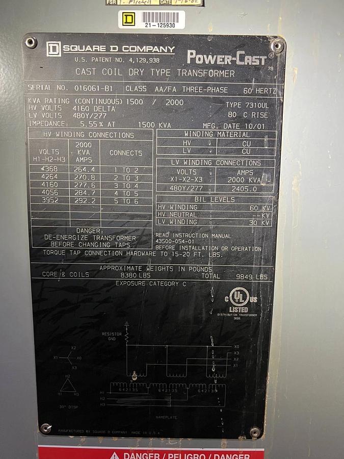 Used SQUARE D CAST COIL DRY TYPE TRANSFORMER 1500/2000 KVA 4160 DELTA / 480Y/277