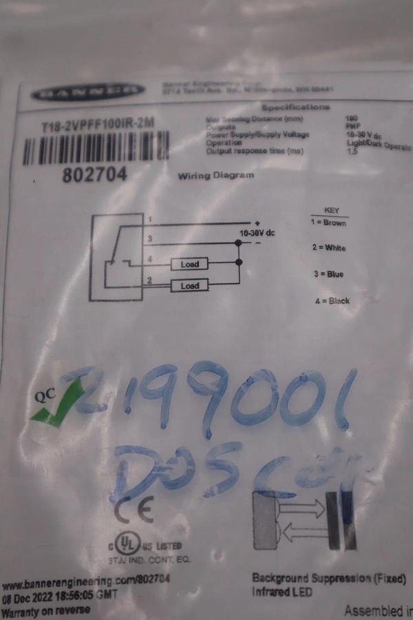 Used BANNER T18-2VPFF100IR-2M CONNECTION 4-CONDUCTOR STOCK H1106A