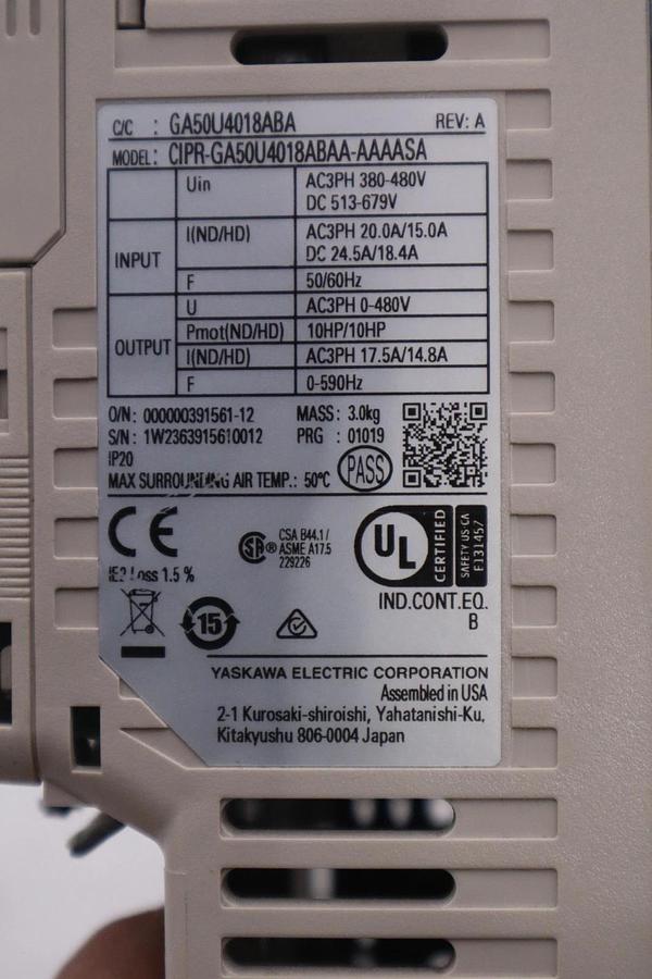 Used Yaskawa CIPR-GA50U4018ABAA-AAAASA INVERTER GA500 400V 3PH IP20 - STOCK 3719CC