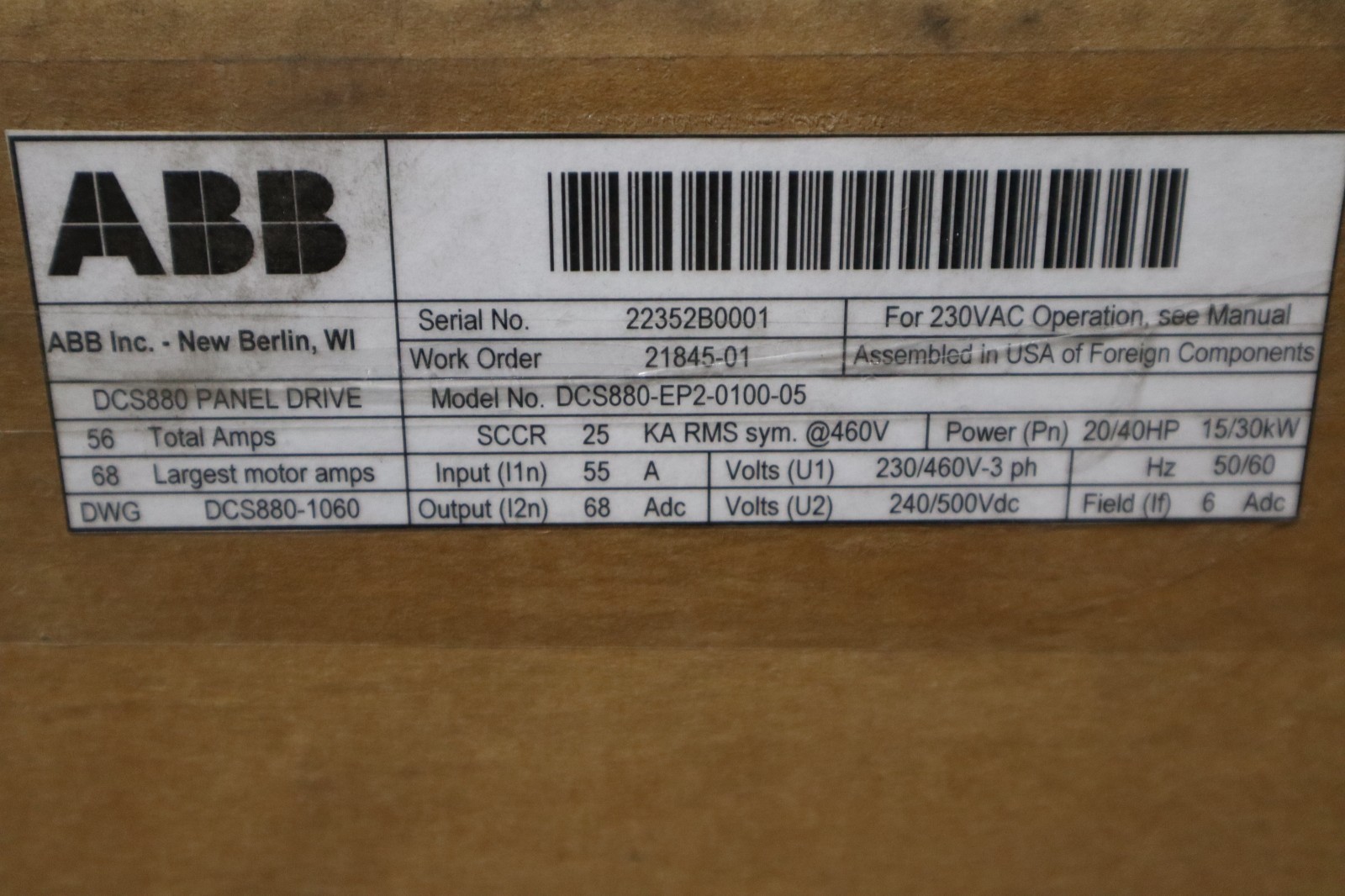 ABB DCS880-EP2-0100-05 PANEL DRIVE 230/460 VAC - 3PH 20/40HP - STOCK SGF-1