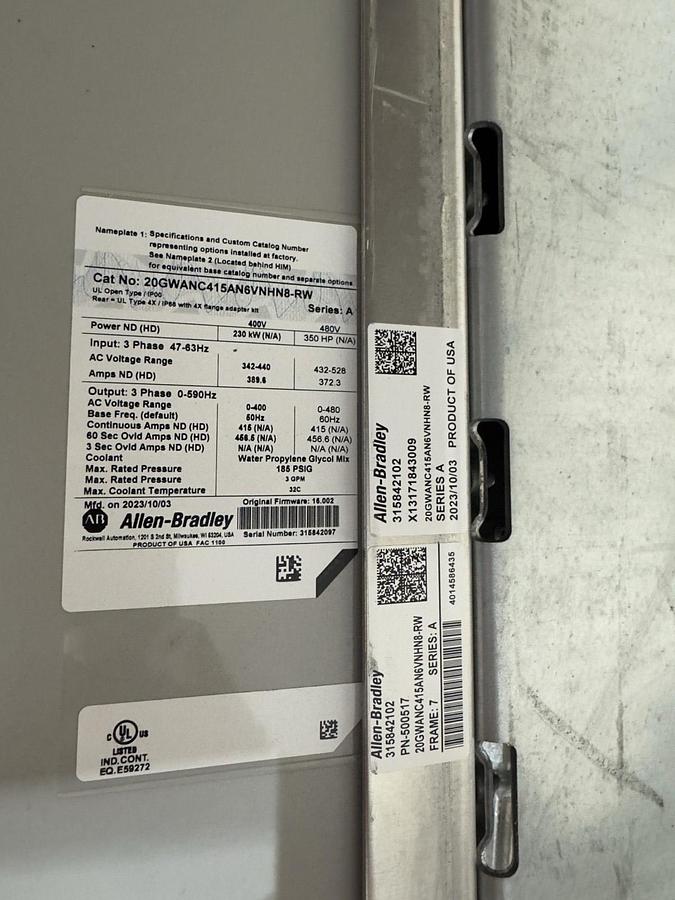 Used ALLEN BRADLEY 20GWANC415AN6VNHN8-RW AC DRIVE LIQUID COOLED 3 PHASE OUTPUT #S683