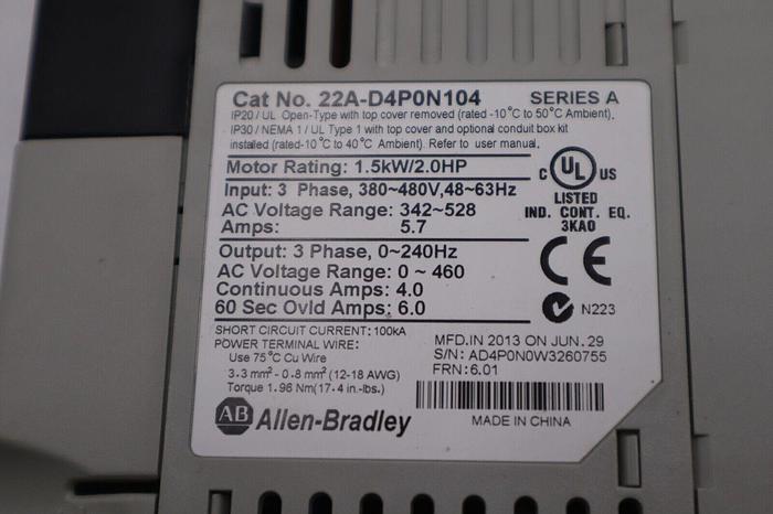 Used ALLEN BRADLEY 22A-D4P0N104 POWERFLEX 4 1.5kW/2.0HP SER A STOCK 5761