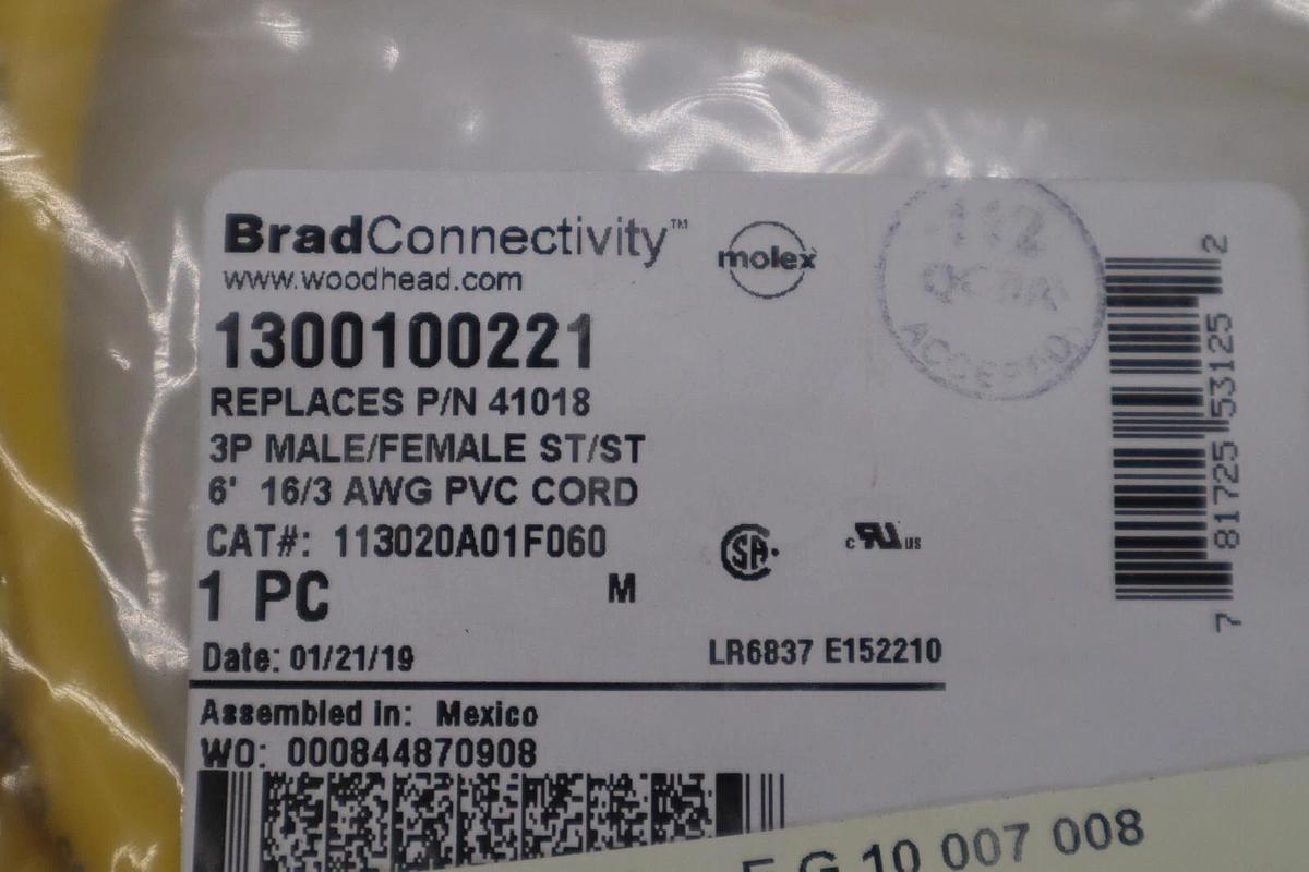 NEW Molex Woodhead 113020A01F060 Mini-Change Cordset 1300100221 STOCK G509A