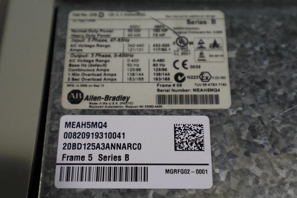 Used ALLEN BRADLEY 20BD125A3ANNARC0 100 HP POWERFLEX 700 DRIVE VFD STOCK 5346