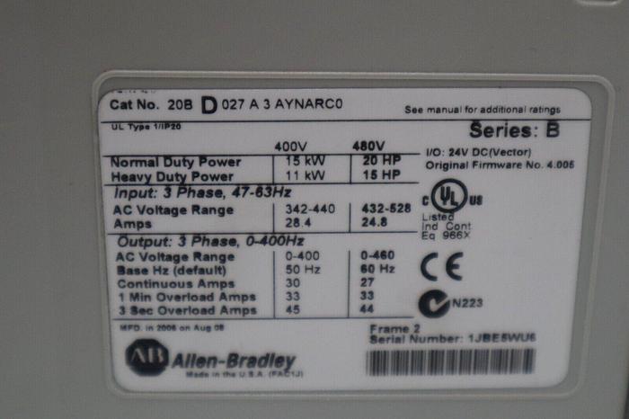 Used ALLEN BRADLEY 20BD027A3AYNARC0 AC DRIVE POWERFLEX 700 20 HP 480V STOCK 5338