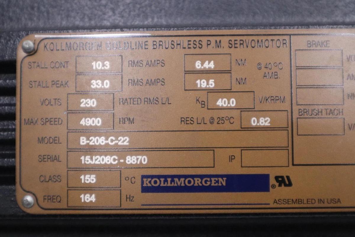 Used KOLLMORGEN B-206-C-22 Goldline Brushless P.M Servomotor STOCK H1197