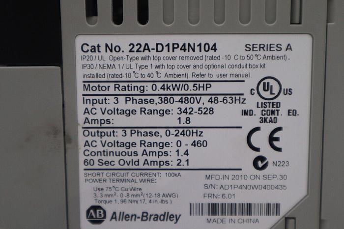 Used AB 22A-D1P4N104 PowerFlex4 AC Drive 22AD1P4N104 SER A ALLEN BRADLEY STOCK B-1287
