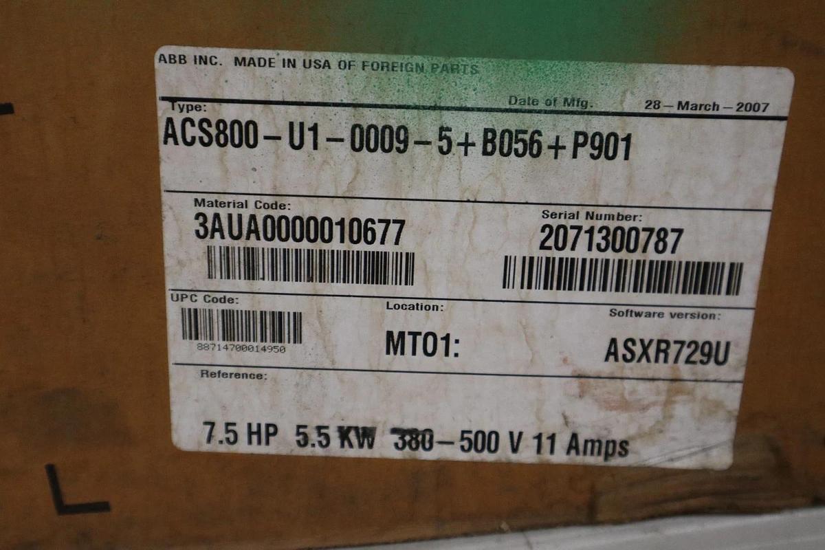Used ABB ACS800-U1-0009-5+B056+P901 AC Drive 7.5 HP 5.5 kW - NEW IN BOX - STK 1530CC