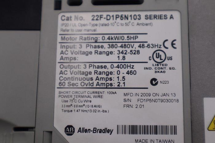 Used Allen-Bradley 22F-D1P5N103 Power Flex 4M 0.4 kW 0.5 HP AC Drive STOCK B-1299