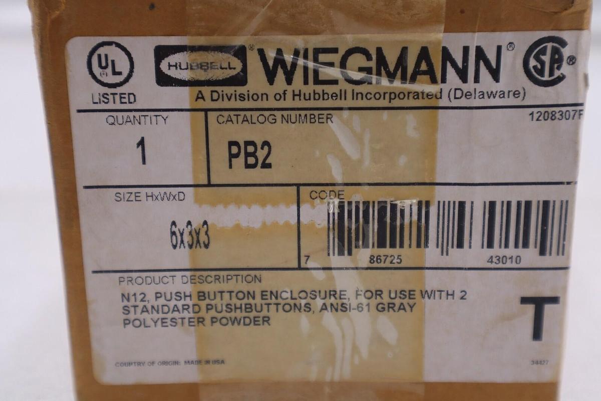 Used Wiegmann Cat # PB2 6x3x3 Standard Pushbuttons ANSI-61 Gray New Open Box #3627