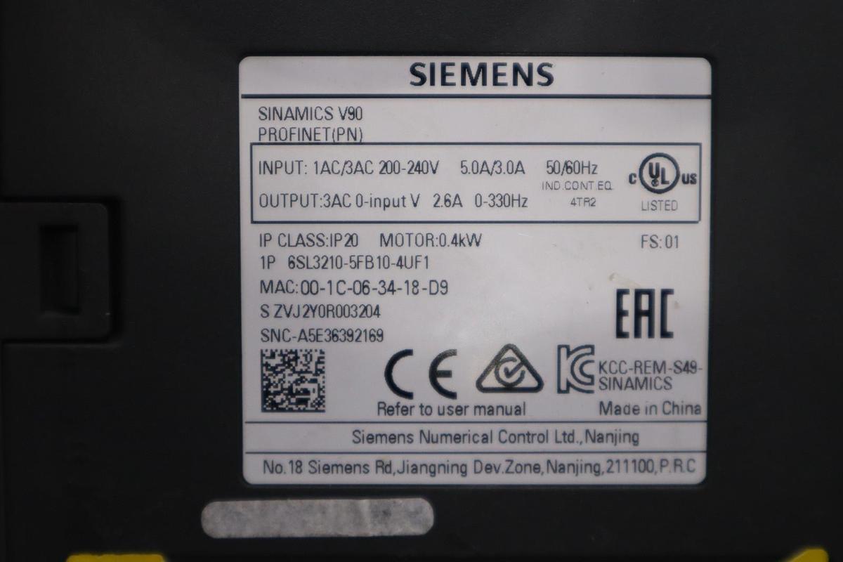 Used SIEMENS 6SL3210-5FB10-4UF1 SINAMICS V90 PROFINET SERVO DRIVE - STOCK H812C