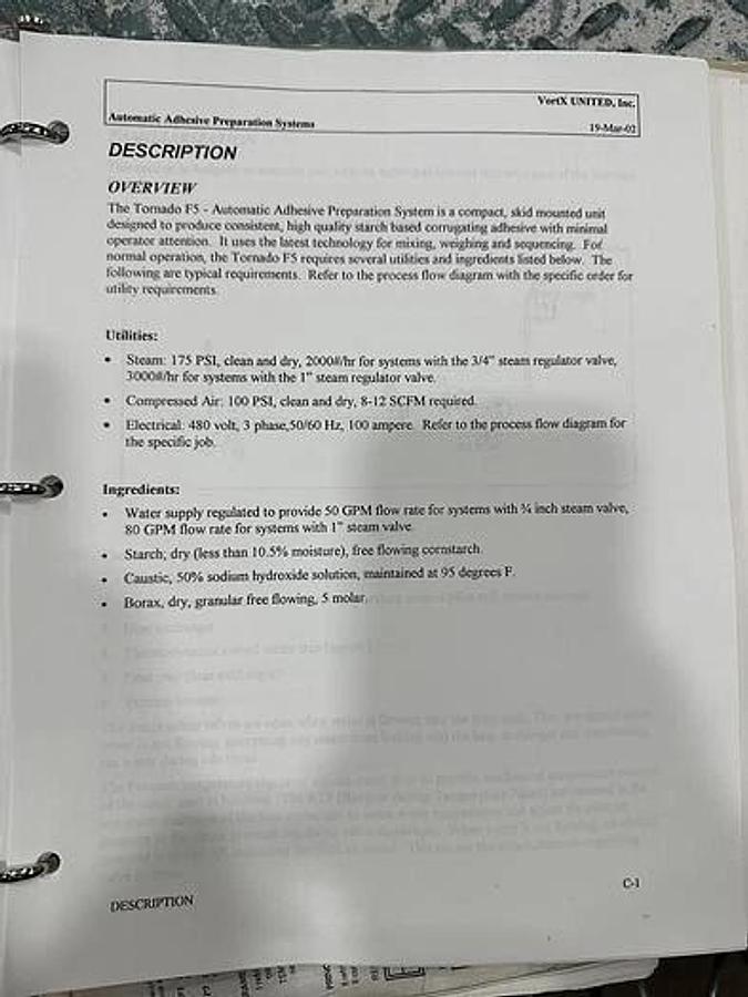 Used VORTEX UNITED STARCH MIXING SYSTEM TORNADO F5, MODEL 0202501 FX3