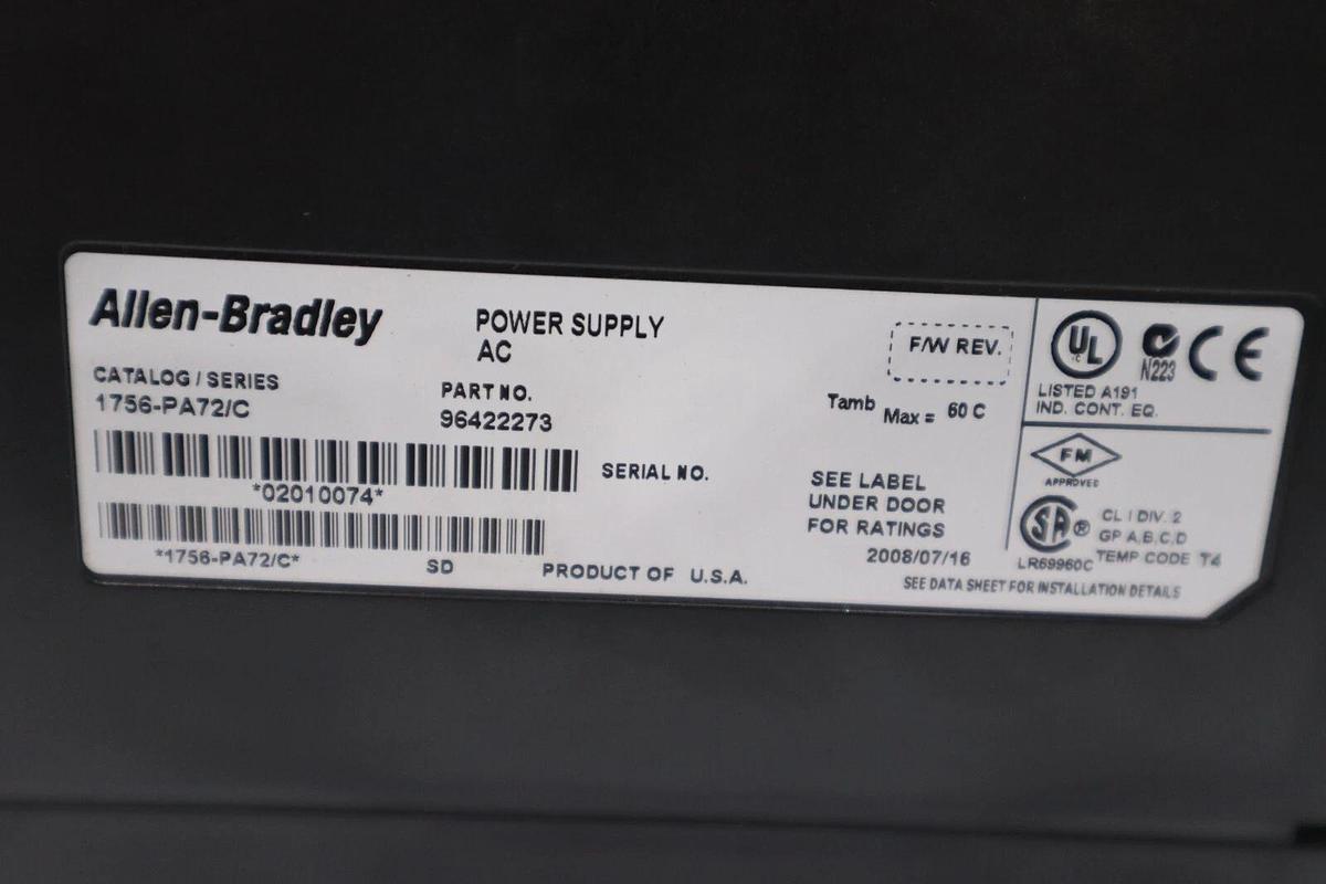 Used Allen-Bradley 1756-PA72/ 1756-A10 ControlLogix AC Power Supply STOCK 3993-A