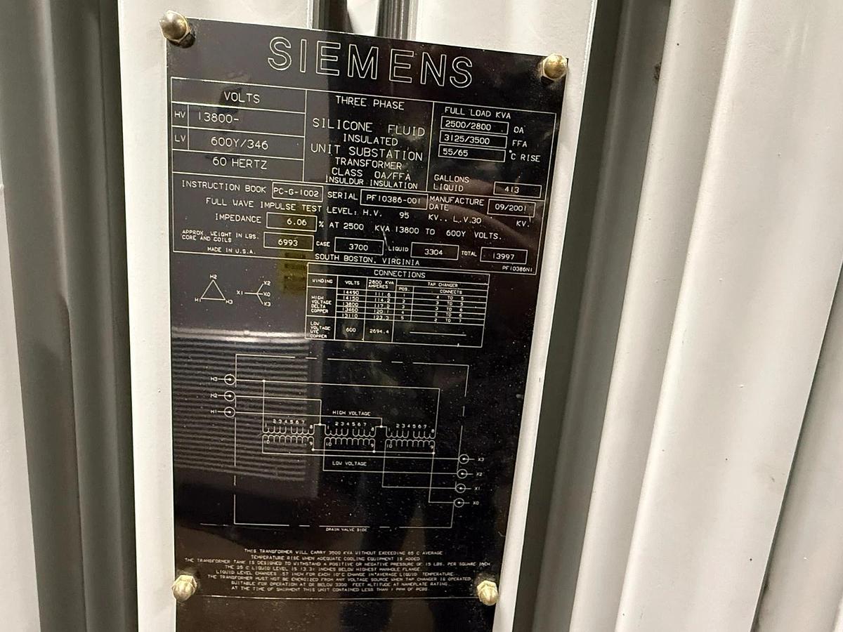 Used Siemens 2500–3500 kVA 13.8kV–600Y/346V Liquid-Filled Substation Transformer