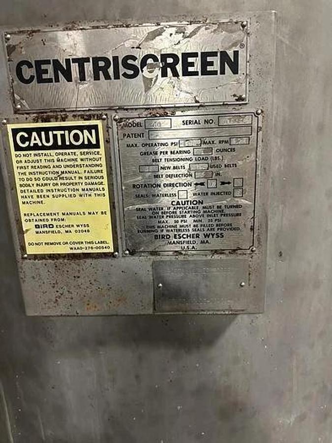 Used BIRD CENTRISORTER MODEL 60 STAINLESS STEEL SCREEN