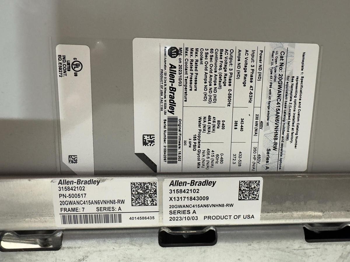 Used ALLEN BRADLEY 20GWANC415AN6VNHN8-RW AC DRIVE LIQUID COOLED 3 PHASE OUTPUT #S683