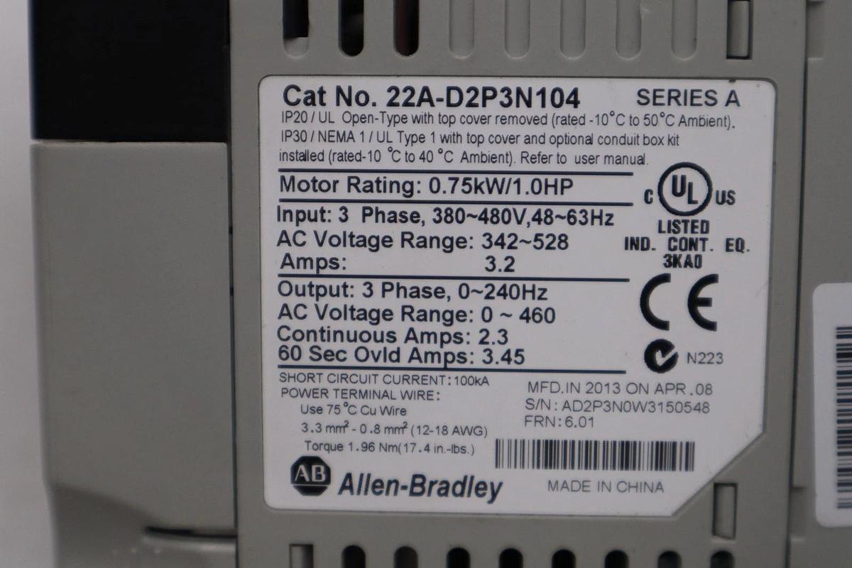 Used Allen Bradley AB 22A-D2P3N104 /A PowerFlex 4 AC Drive 1HP 3Ph 480V STOCK H1408