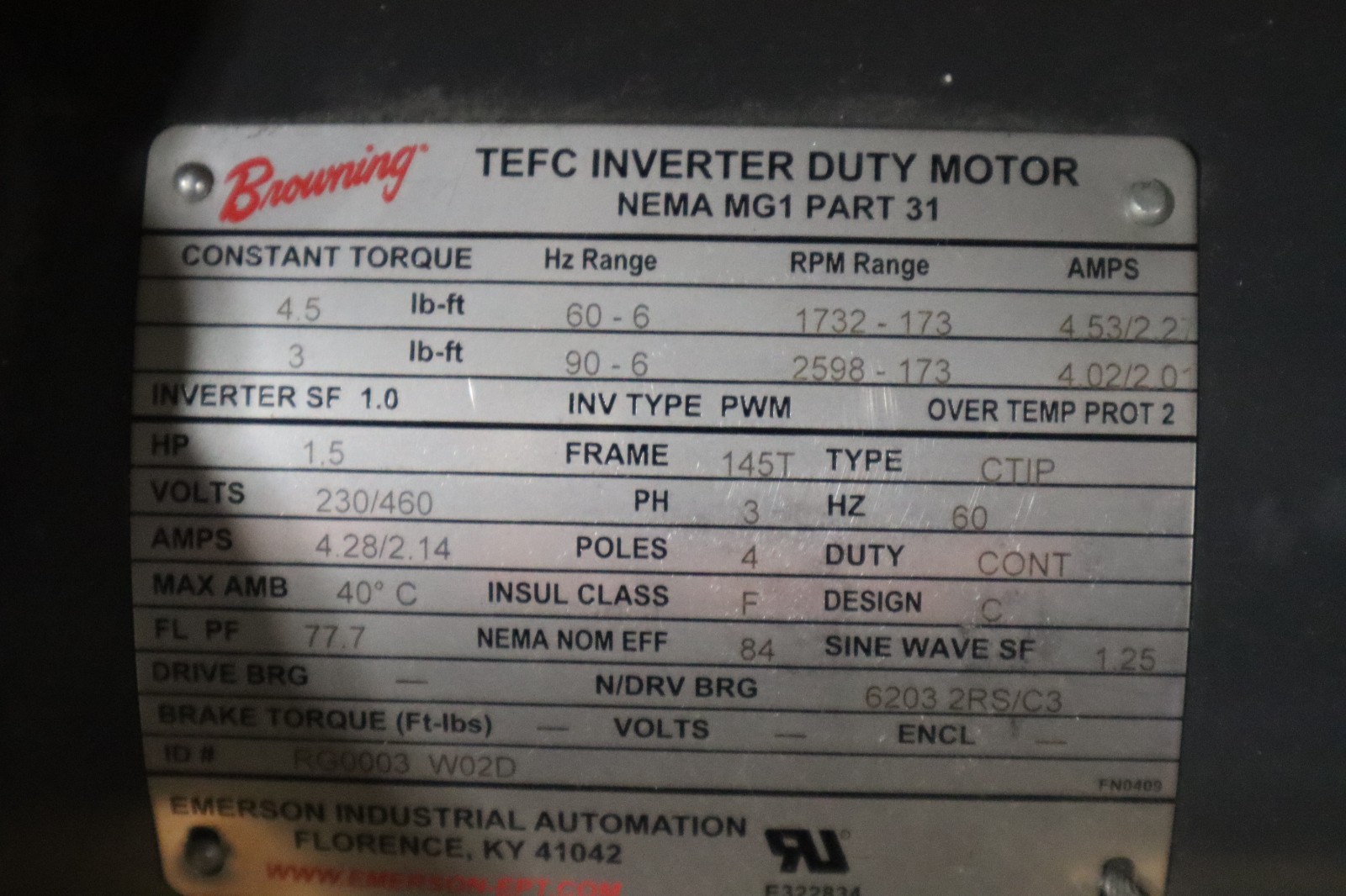Browning 1.5HP 230/460 4.5 lb-ft torque Nema MG1 Part 31 6203 2RS/C3 - SGF266