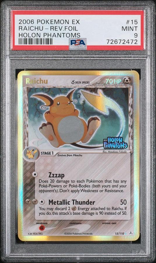 Used 2006 POKEMON EX HOLON PHANTOMS #15 RAICHU-REVERSE FOIL PSA 9