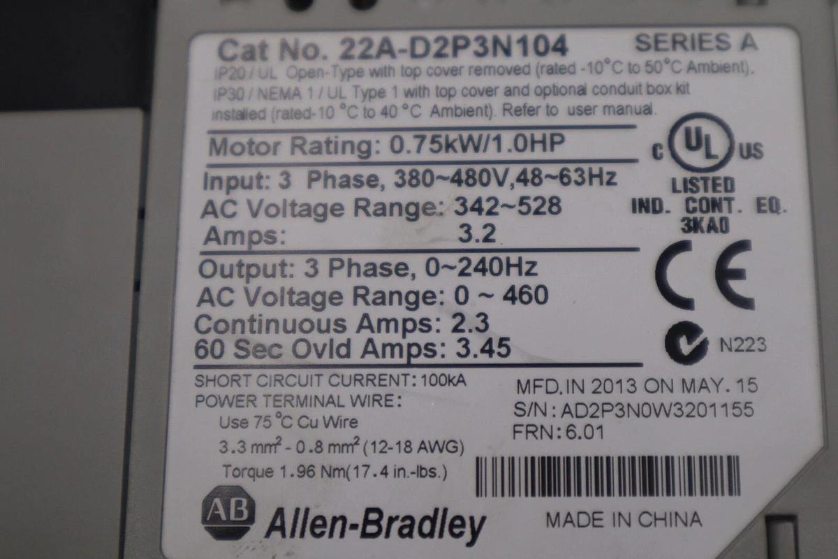 Used Allen Bradley 22A-D2P3N104 /A PowerFlex 4 AC Drive 1HP 3Ph 480V STOCK 5780