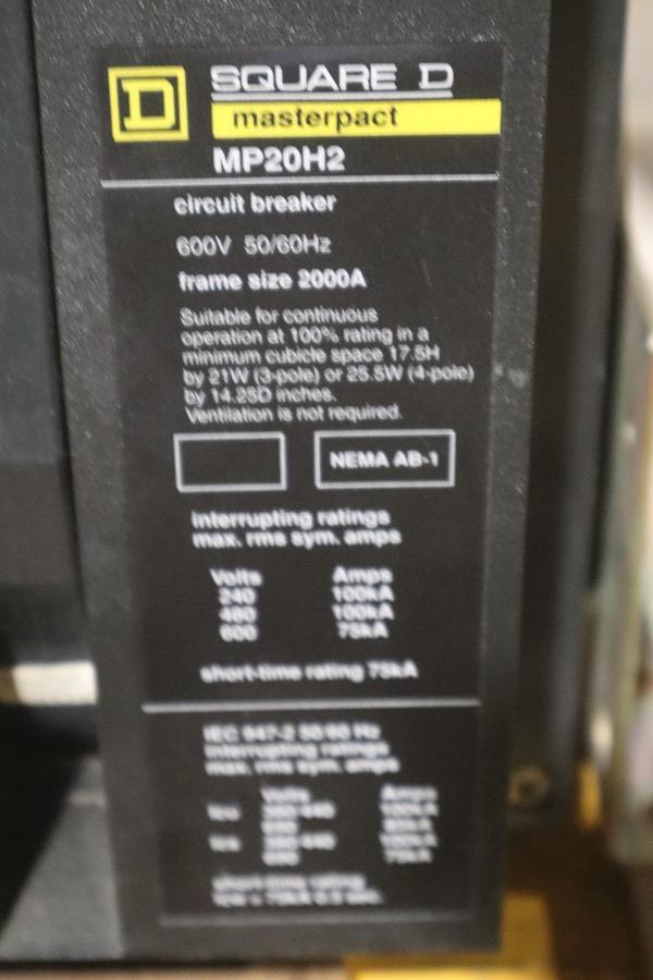 Used SQUARE D MP20H2 MASTERPACT CIRCUIT BREAKER 2000 STOCK CC59