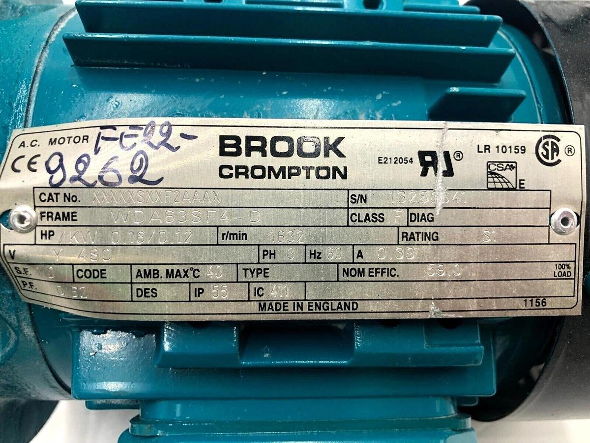 Used BROOK CROMPTON XXXXXSXXF2AAAX AC MOTOR 3PH 1632RPM 480V STOCK S-91